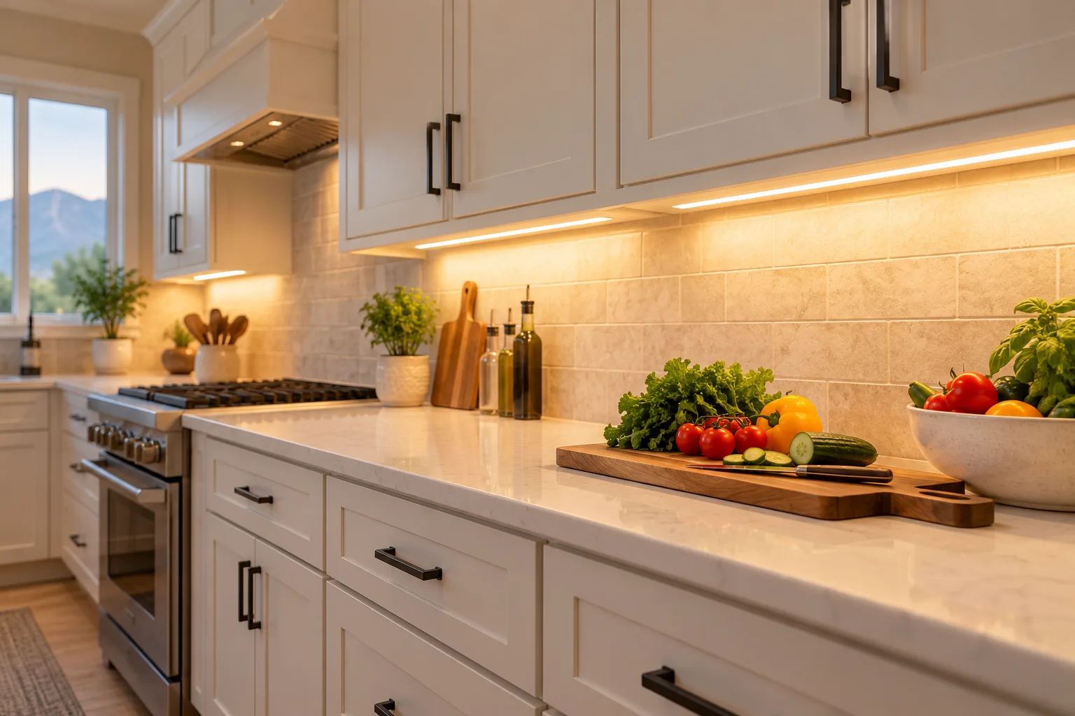 Kitchen Task Lighting in Sandy Utah Warm under-cabinet lighting illuminating a kitchen countertop and food preparation area.