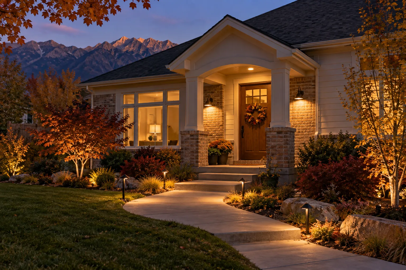 Outdoor Lighting for Sandy Utah Homes Warm porch and pathway lighting illuminating a home's front entrance and steps at dusk.