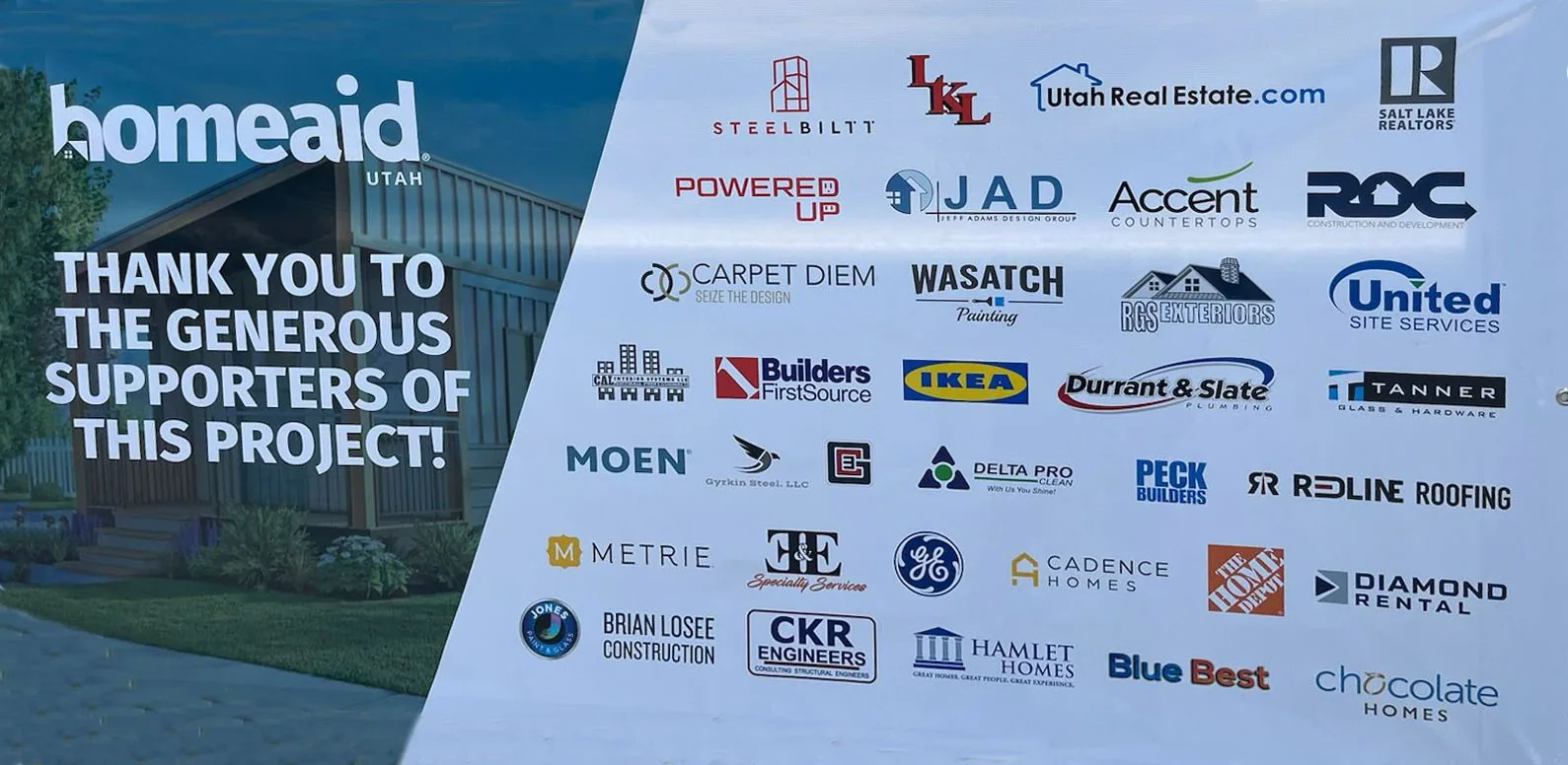 HomeAid Utah thank-you banner recognizing the generous supporters of the Other Side Village Build Shift project