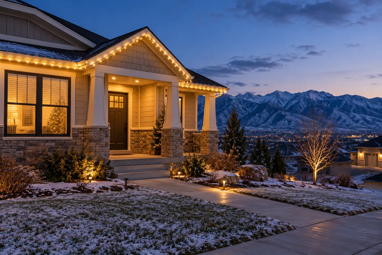 Holiday Lighting Power Planning in Sandy Utah Warm white holiday lights outlining a home's porch roof at dusk, with mountains in the background.